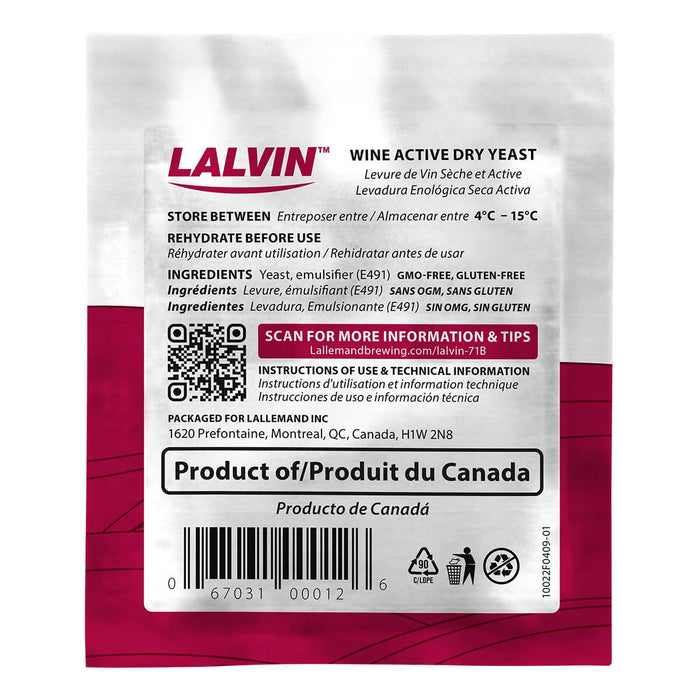 Back of Lalvin RC212 wine yeast packaging