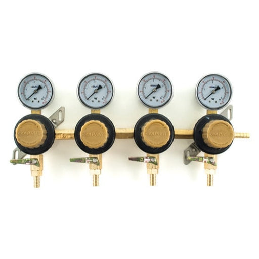 Four gauge regulators with gold and black design on a white background