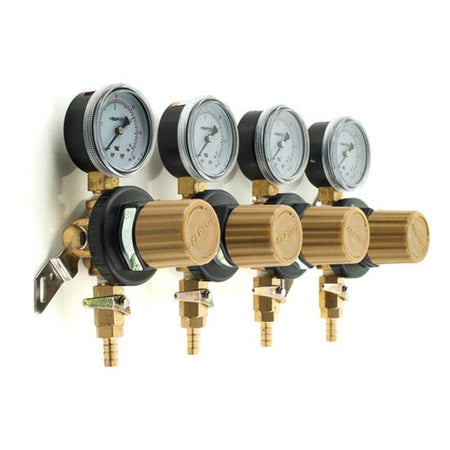 Set of four gas regulators with pressure gauges on a white background