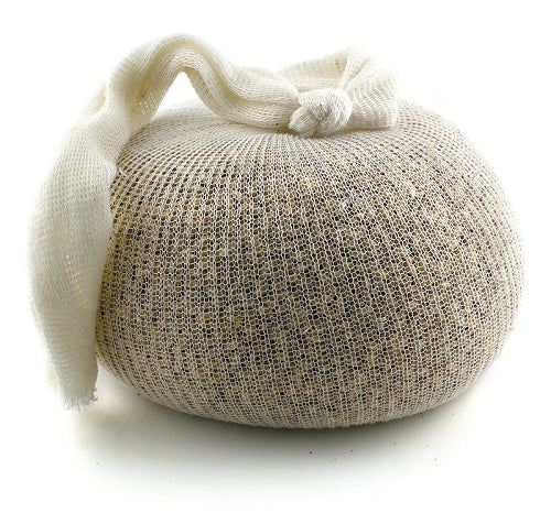 Large Muslin bag filled with grain and tied in a knot. 