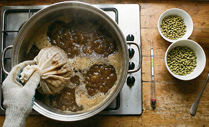 Pot of boiling wort with a hand holding a bag of grains. On the counter next to it is a hydrometer and two bowls of hop pellets.