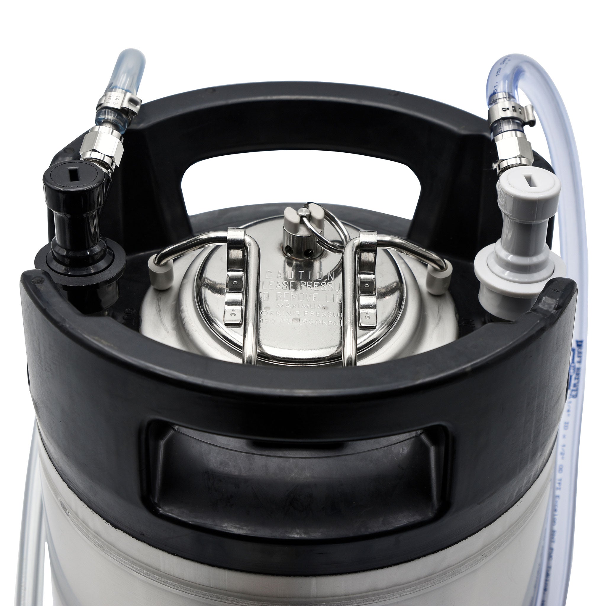 Close up of ball lock disconnects on keg lid