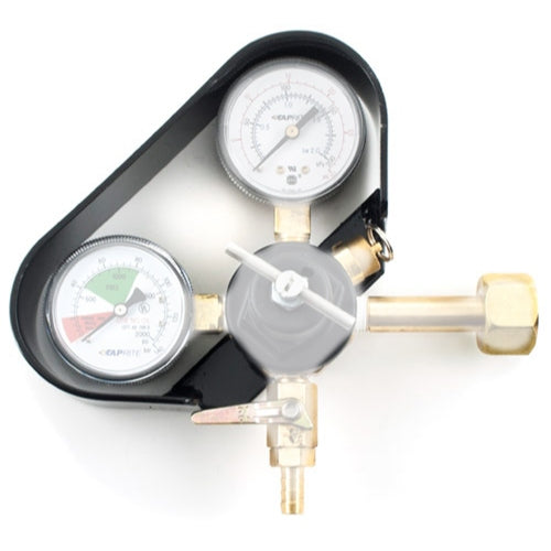 Pressure regulator with two gauges on a white background