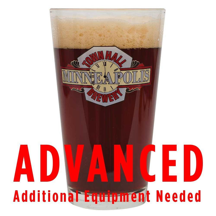Town Hall Hope and King Scotch Ale in a glass  with a customer caution in red text: "Advanced, additional equipment needed" to brew this recipe kit