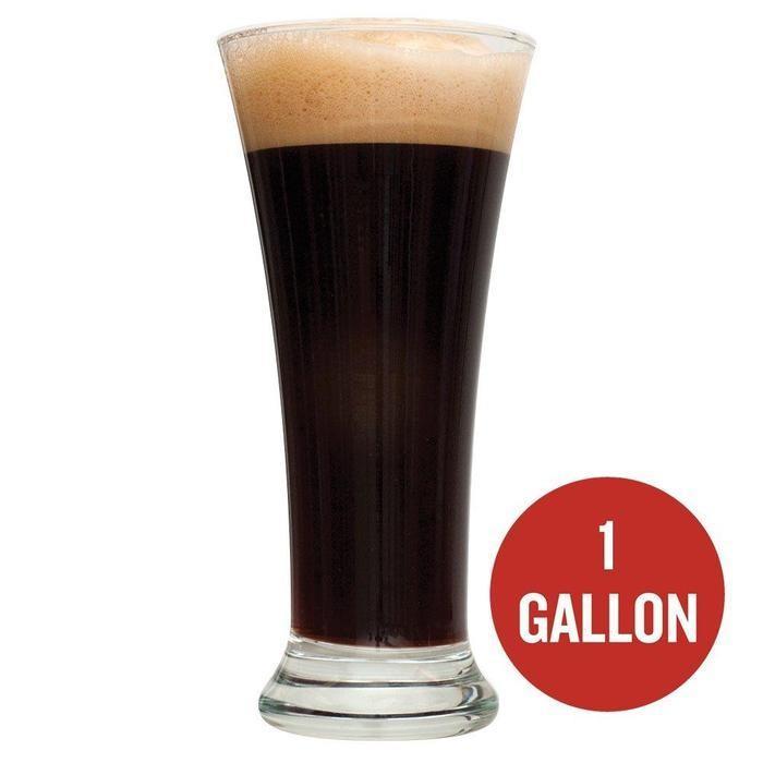 Black IPA homebrew in a glass with the text "1 gallon" in a red circle