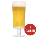 Tall glass of Saison au Miel homebrew with a red circle containing "1 Gallon" text