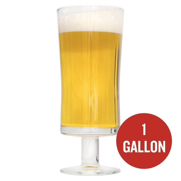 Tall glass of Saison au Miel homebrew with a red circle containing "1 Gallon" text