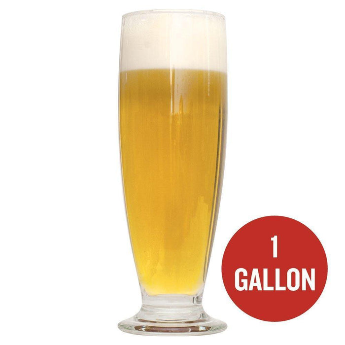 Honey Country Pilsner in a glass beside a red circle with the following text written within it: "1-gallon"
