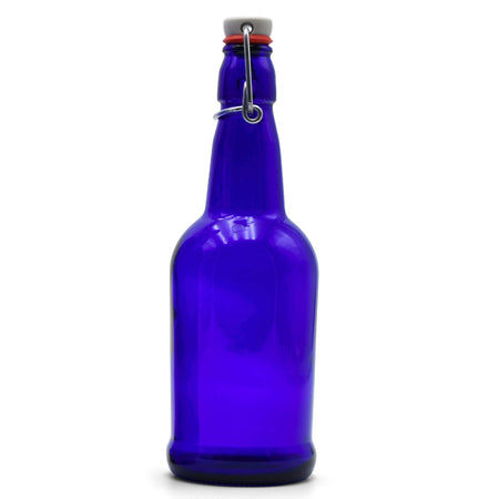 Cobalt Glass EZ Cap Bottle with an attached swing top closed