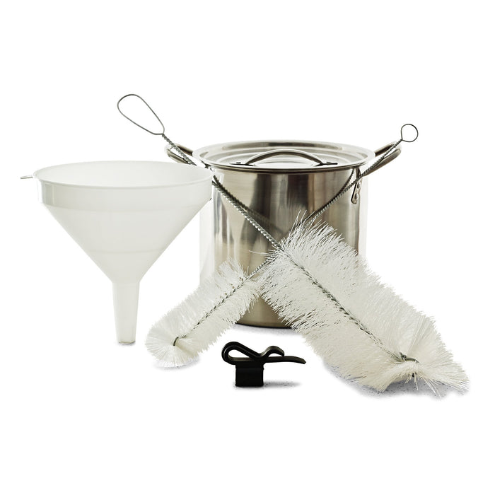 Small Batch E.Z. Brew Kit containing a funnel, stainless kettle, jug brush, bottle brush, and auto-siphon holder