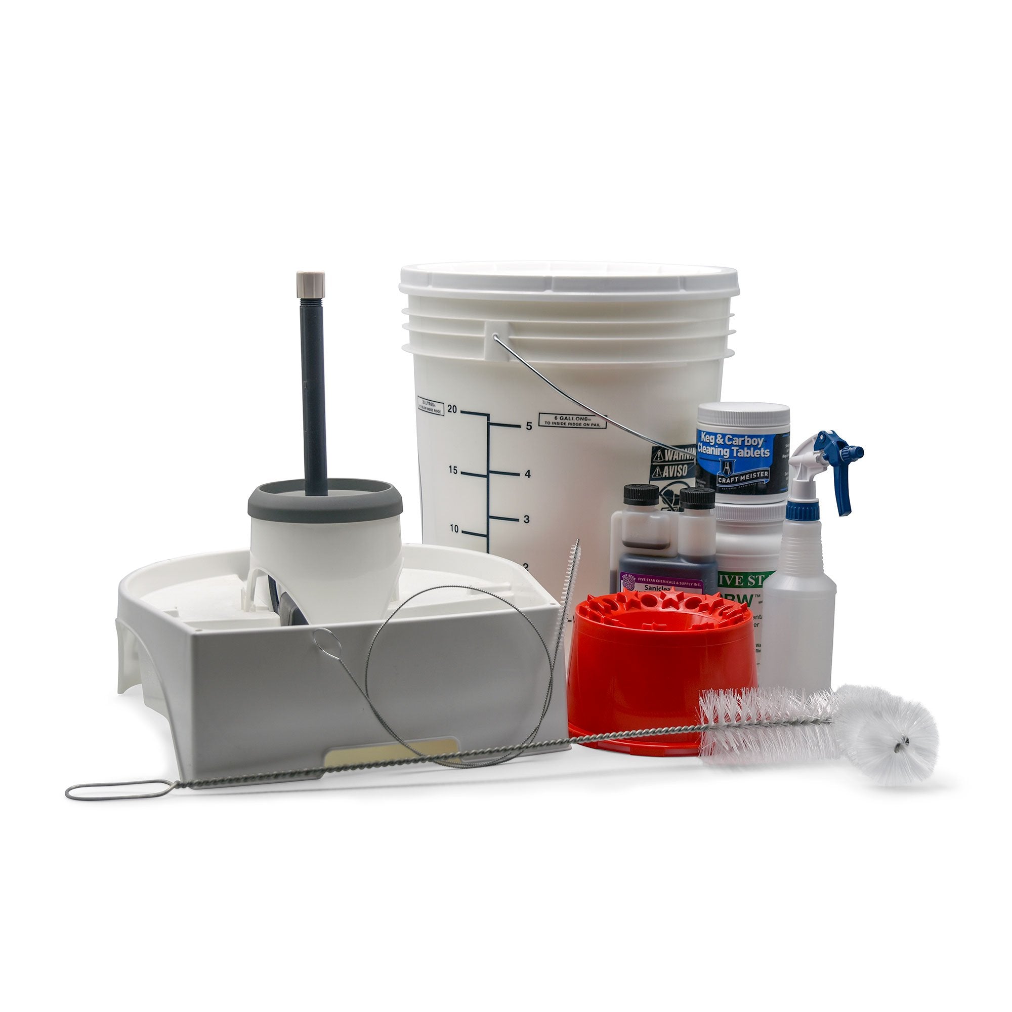 Homebrew Cleaning kit containing Mark's keg washer, saniclean, PBW, carboy dryer, carboy brush, 7.9-gallon storage bucket, and sanitizer bottle