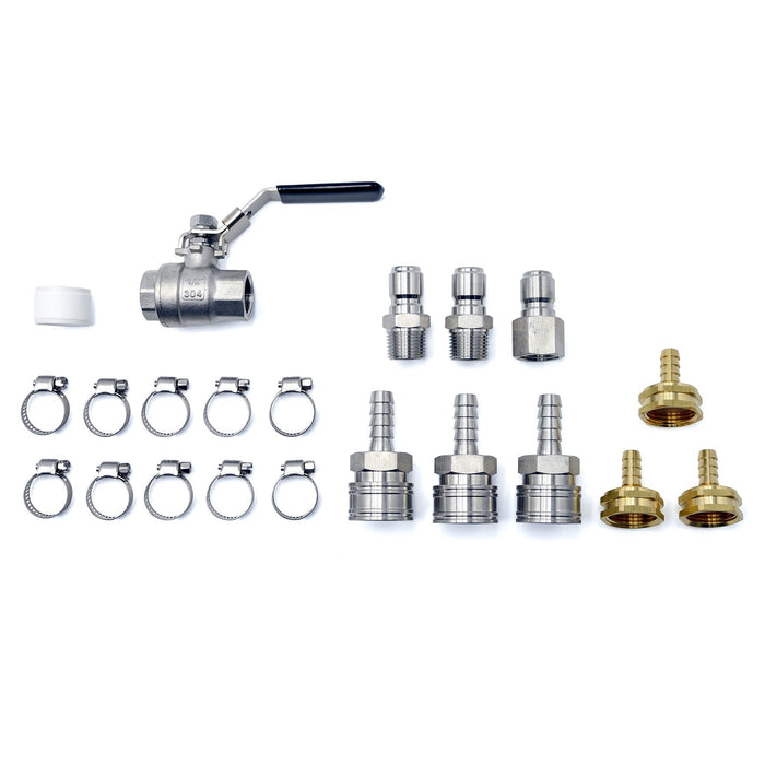 All of the parts of the Counterflow Gravity Connection Kit