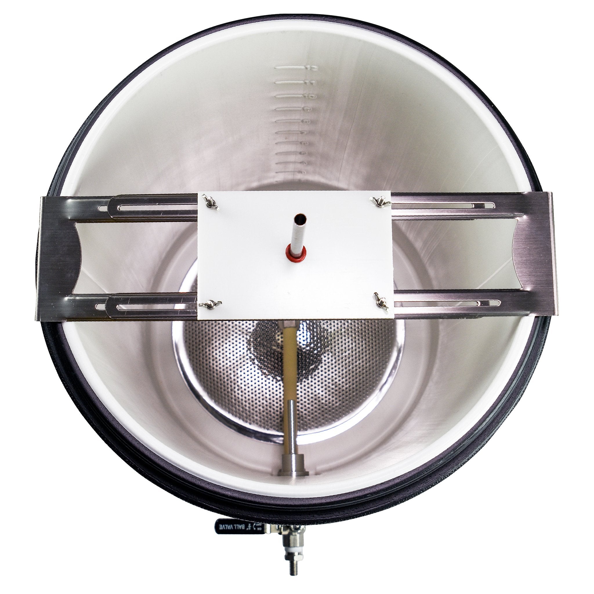 Top-down view into the mash tun, showing off the sparge arm