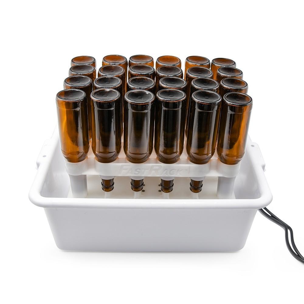 FastWasher24 Bottle Washer with bottles in a cleaning and sanitizing tote tray