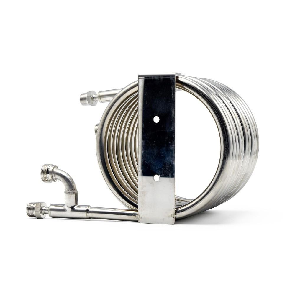 Northern Brewer Stainless Counterflow Chiller resting on its side