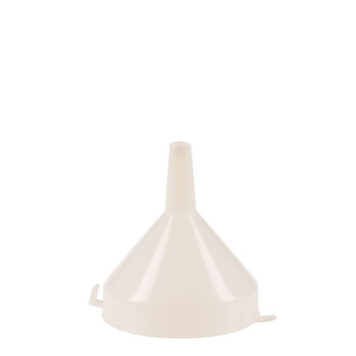 A 4 and a half inch diameter food-grade plastic funnel resting upside down.