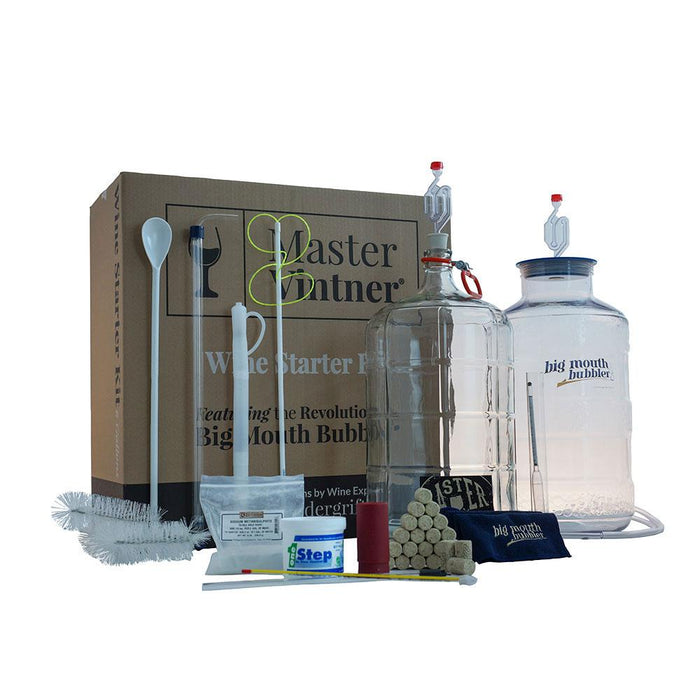 Master Vintner Wine Making Starter Kit box, Glass Big Mouth Bubbler, degasser, auto siphon, plastic spoon, carboy brush, bottle brush, lab thermometer, and triple scale hydrometer