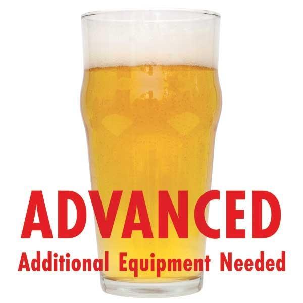 Irish Blonde homebrew in a glass with an All-Grain caution in red text: "Advanced, additional equipment needed"