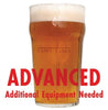John Q. Adams Marblehead Lager in a glass with an All-Grain caution in red text: "Advanced, additional equipment needed"