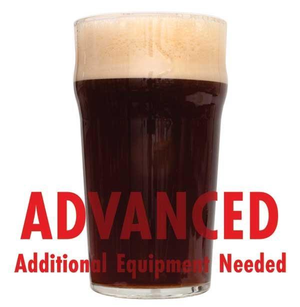 Dry Irish Stout homebrew in a glass with an All-Grain warning: "Advanced, additional equipment needed"