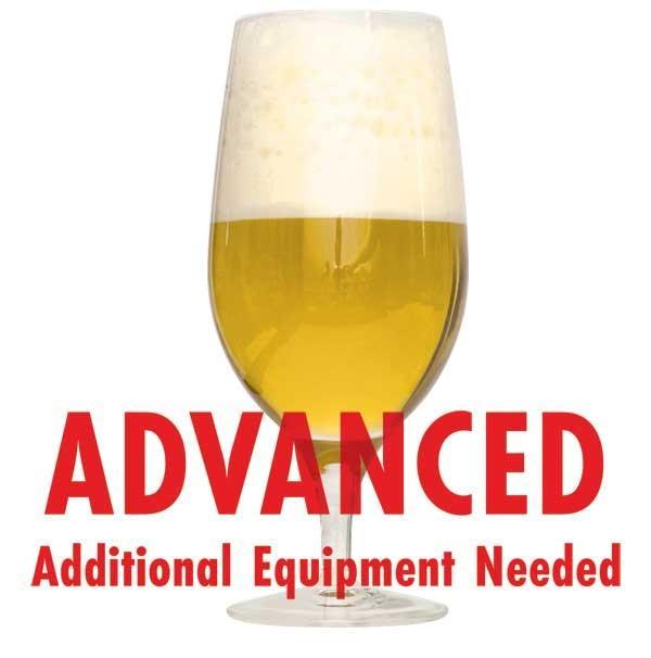 Belgian Strong Golden Ale in a glass with an All Grain warning: "Advanced, additional equipment needed"