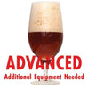 Very heady Spiced Winter Ale in a glass with a customer caution in red text: "Advanced, additional equipment needed" to brew this recipe kit