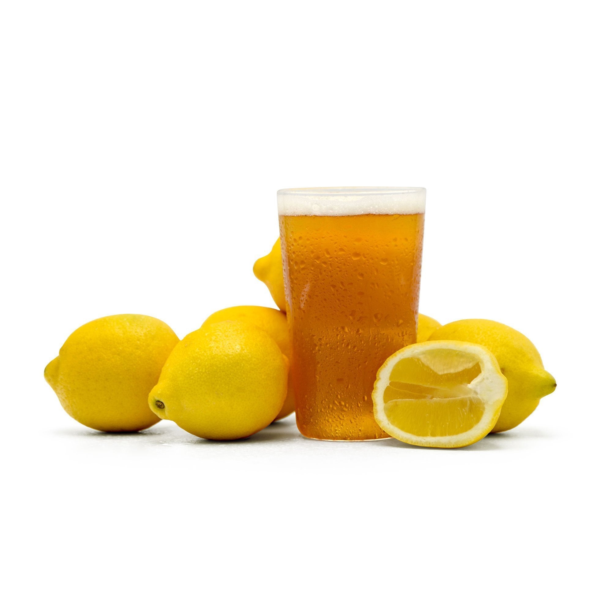 Cut lemons surrounding a glass filled with Summer Squeeze Lemon Shandy homebrew