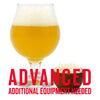Hula Hop'd Coconut Milkshake IPA in a drinking glass, beside shaved coconut, and a customer caution in red text: "Advanced, additional equipment needed" to brew this recipe kit