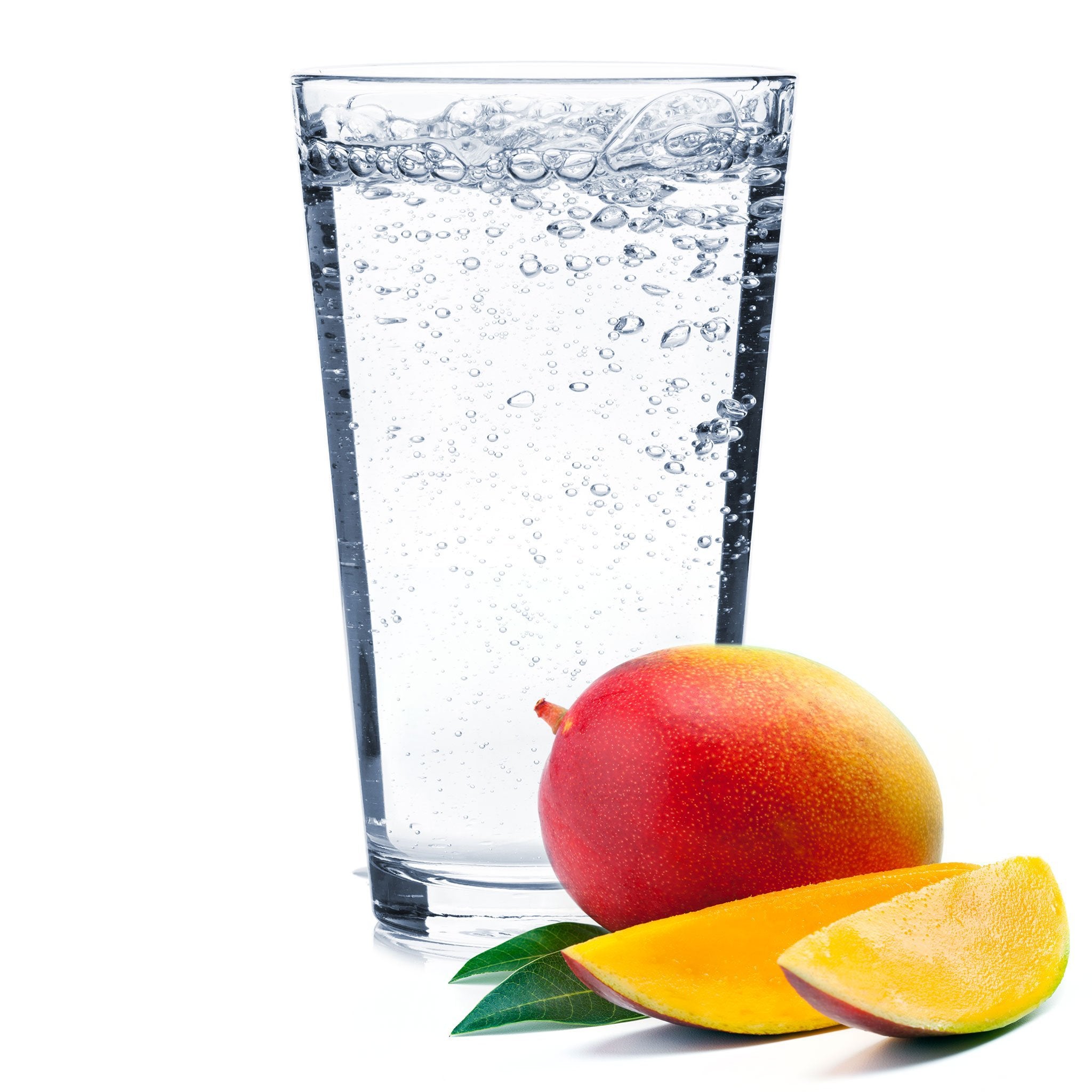 A glass full of Mango Hard Seltzer with a sliced mango next to the glass.
