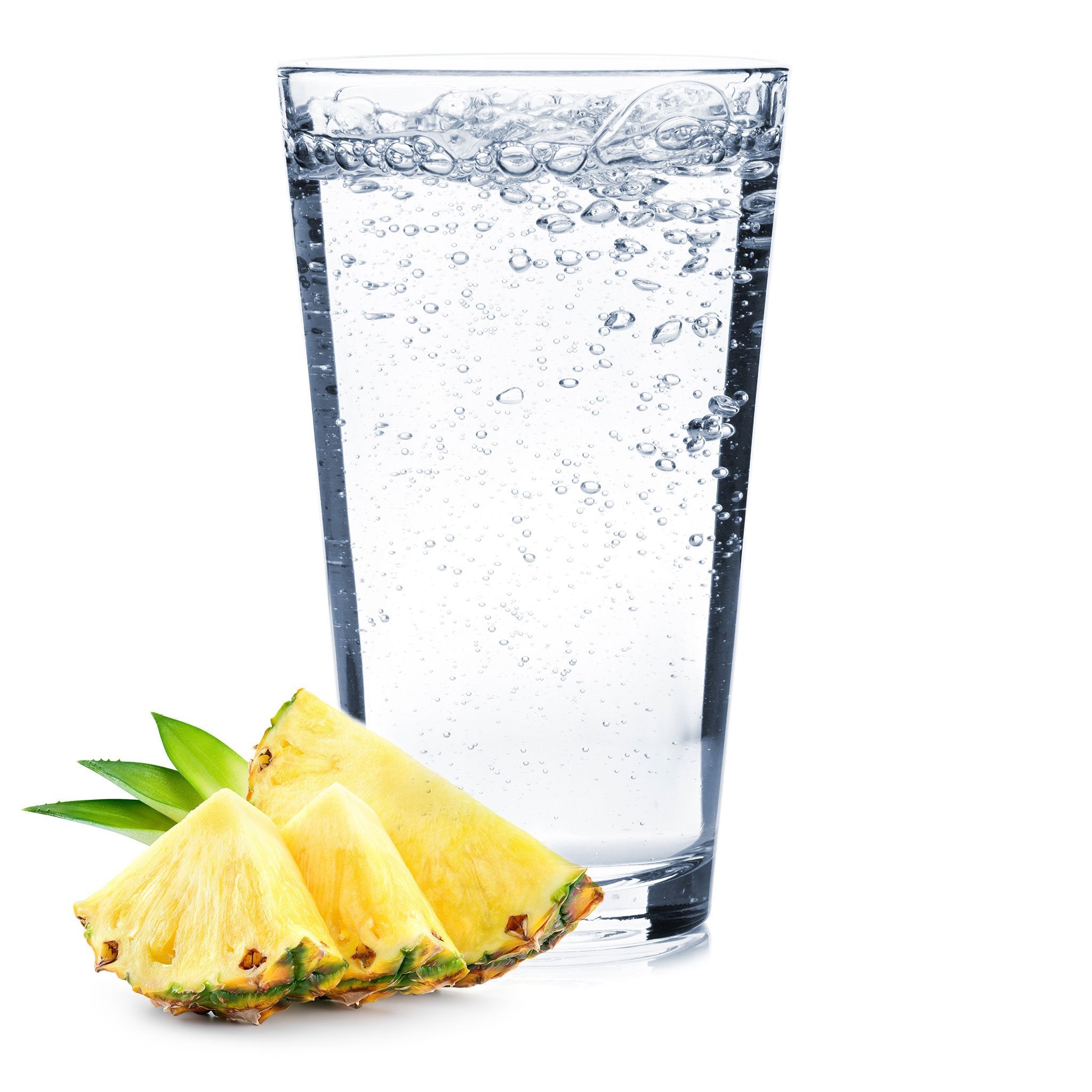 A glass full of Pineapple Hard Seltzer with pineapple slices next to the glass.