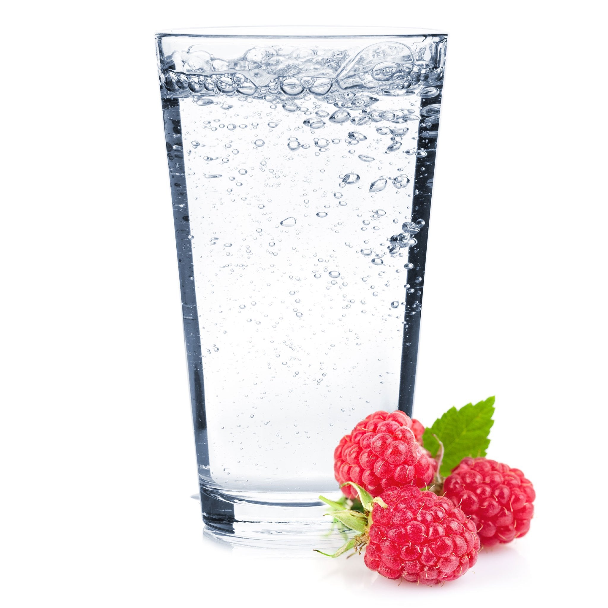 A glass full of Raspberry Hard Seltzer with fresh raspberries next to the glass.