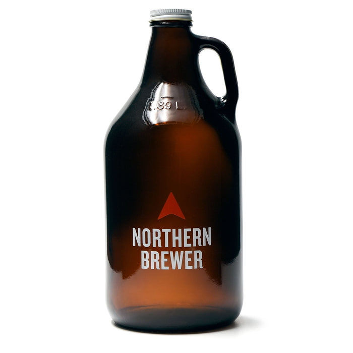 1/2 Gallon Amber Glass Growler with white cap on top and Northern Brewer logo on front.