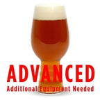 A glass filled with Plinian Legacy IIPA with a customer caution in red text: "Advanced, additional equipment needed" to brew this recipe kit