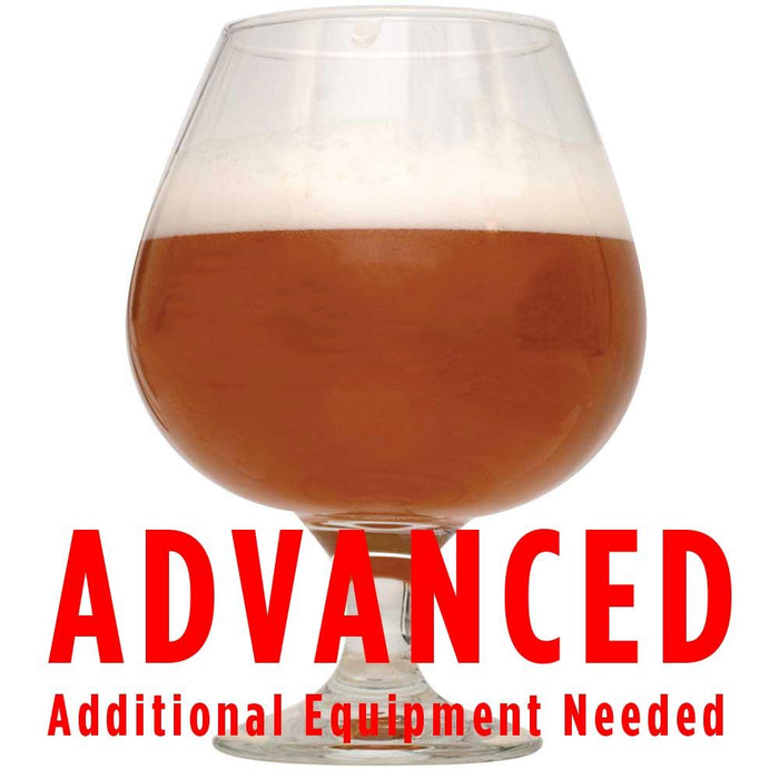 Shugga High Barleywine in a glass with a customer caution in red text: "Advanced, additional equipment needed" to brew this recipe kit