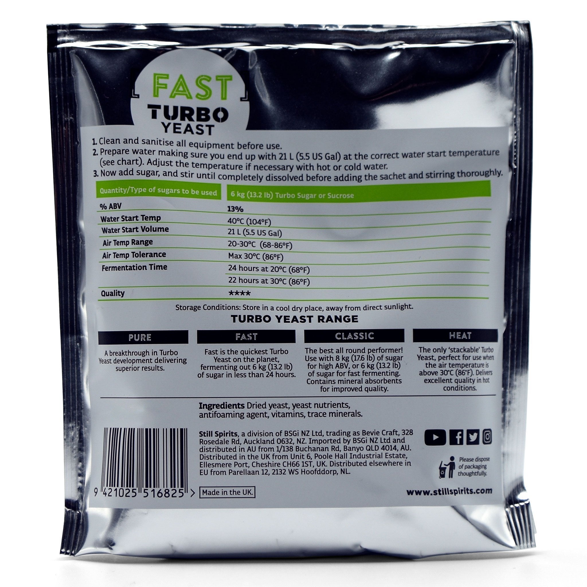 Back-view of the Still Spirits 24 Hour Turbo Yeast sachet