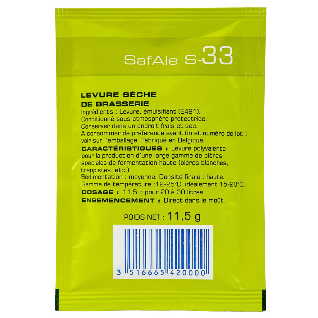 SafAle S-33 Dry Brewing Yeast Package Back