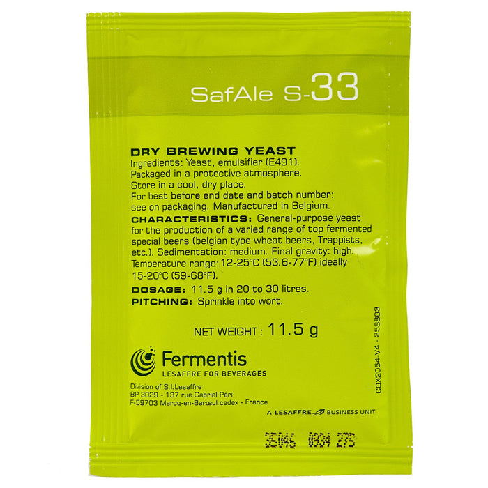 SafAle S-33 Dry Brewing Yeast Package Front