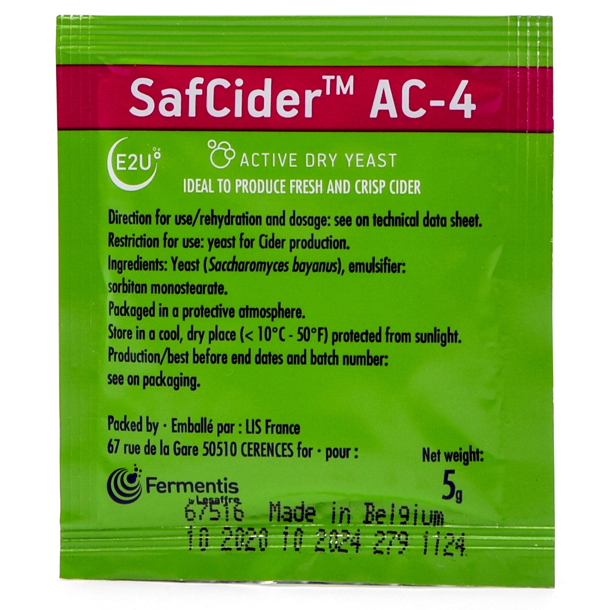 Frontside of SafCider™ AC-4 Dry Yeast (5g) packet.