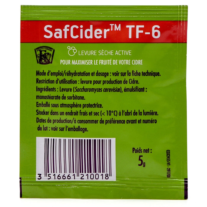 Backside of SafCider™ TF-6 Dry Yeast (5g) packet.