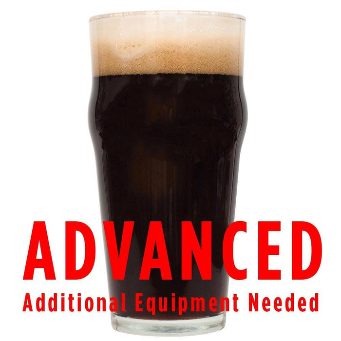 A glass of Oatmeal Stout with an All-Grain caution in red text: "Advanced, additional equipment needed"