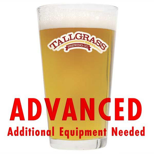 Tallgrass Halcyon Unfiltered Wheat homebrew in a drinking glass with a customer caution in red text: "Advanced, additional equipment needed" to brew this recipe kit