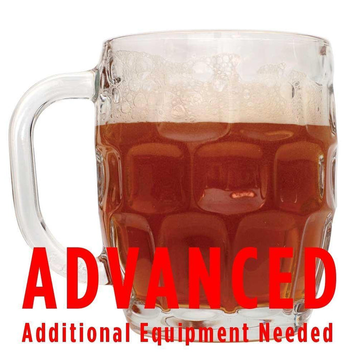 Oktoberfest homebrew in a mug with an All-Grain caution in red text: "Advanced, additional equipment needed"