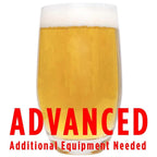 A glass filled with Houblonmonstre Tripel IPA with an All-Grain caution in red text: "Advanced, additional equipment needed"