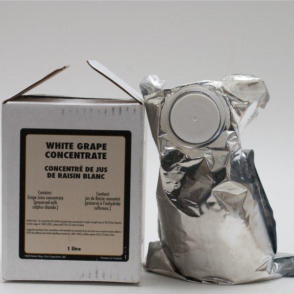 1-liter bag of White Grape Concentrate standing beside its box