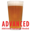 A drinking glass filled with Tangerine Ravine Pale Ale with a customer caution in red text: "Advanced, additional equipment needed" to brew this recipe kit