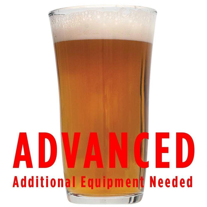 The Tombstone Pale Ale in a glass with a customer caution in red text: "Advanced, additional equipment needed" to brew this recipe kit