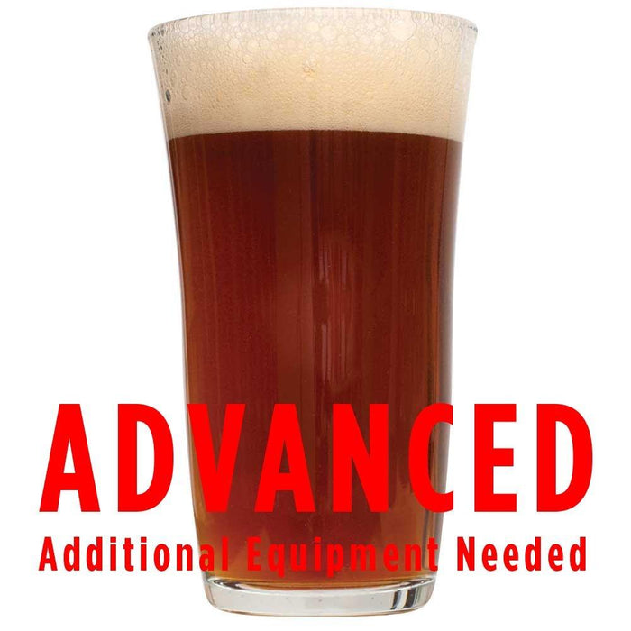 Megalodon Imperial Red Ale in a glass with an All-Grain caution in red text: "Advanced, additional equipment needed"