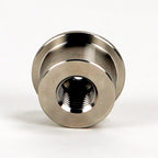 Underside view of the stainless steel beer faucet to disconnect adapter