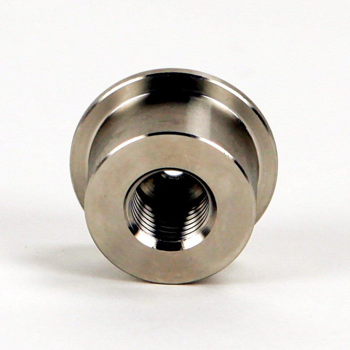 Underside view of the stainless steel beer faucet to disconnect adapter