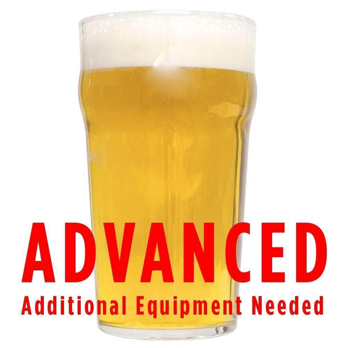 Kiwi Express homebrew in a glass with an All-Grain caution in red text: "Advanced, additional equipment needed"